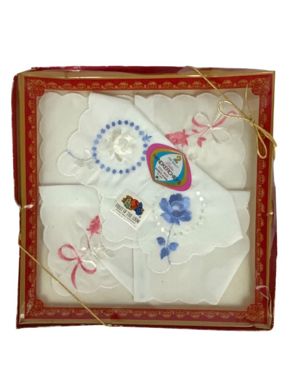 Vintage Fruit Of The Loom Ladies Embroidered Handkerchiefs Set Of 2 Cotton Blend - Picture 1 of 4